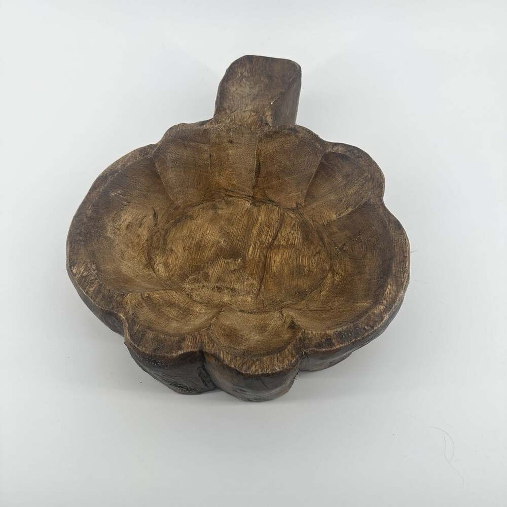 Vintage Wooden Bowl Hand turned With Wooden Handle 12” Pumpkin Shaped Dough Bowl